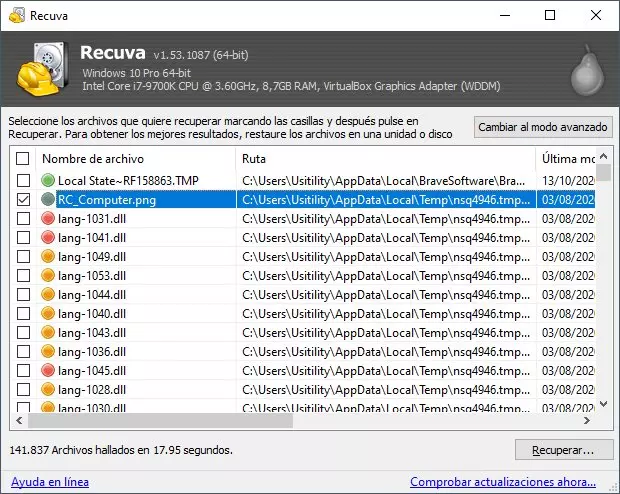 Recuva-Hauptfenster auf dem Desktop